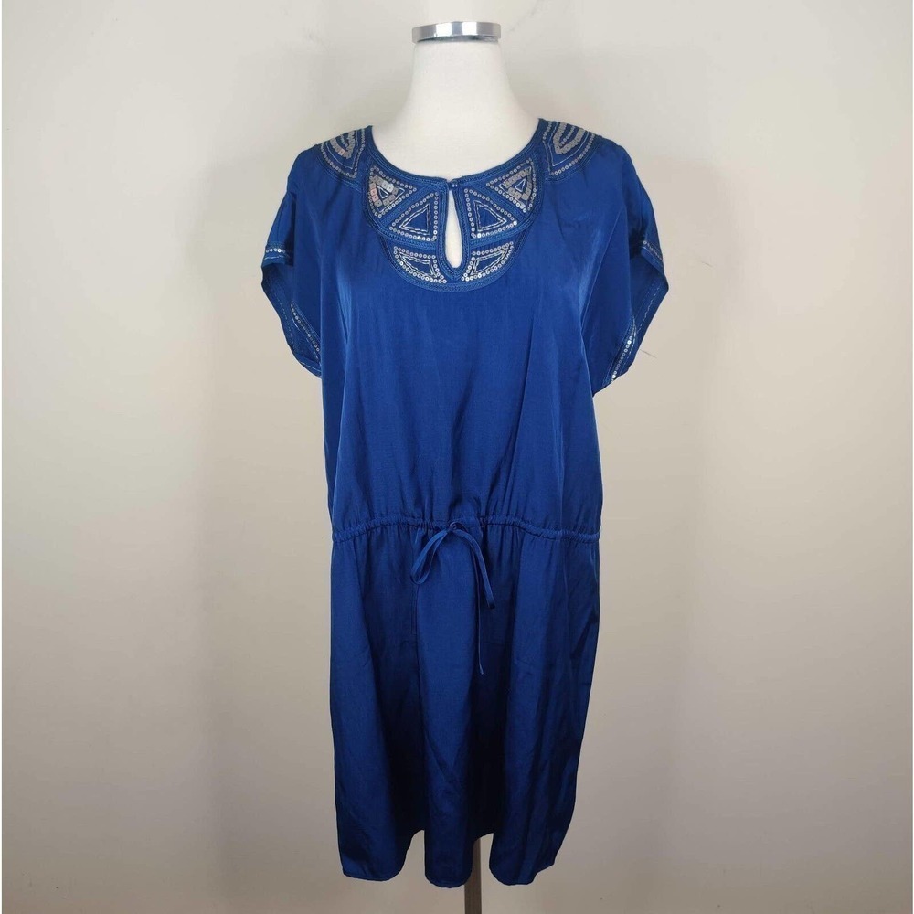 Cynthia Vincent Dress Blue Satin‎ Sequin Embellished Drawstring